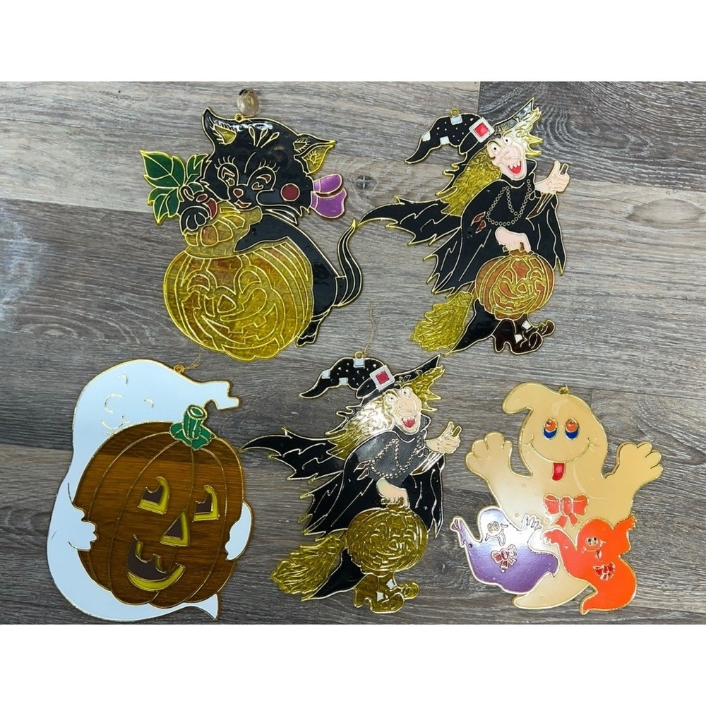Lot 5 Vtg Halloween Sun Catchers 2 Witches 2 Ghosts Cat Plastic Vintage